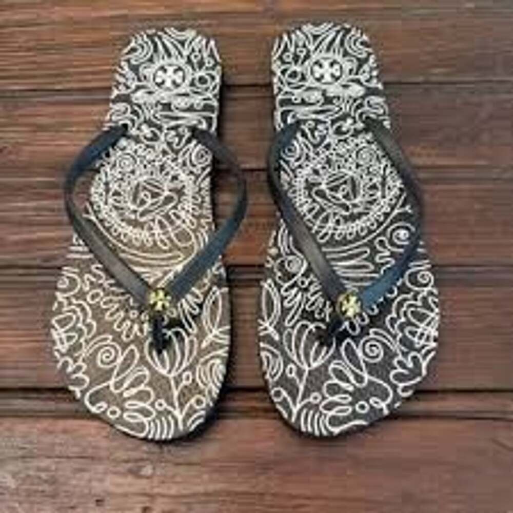 Tory Burch Flip Flop Black Doodle Flower